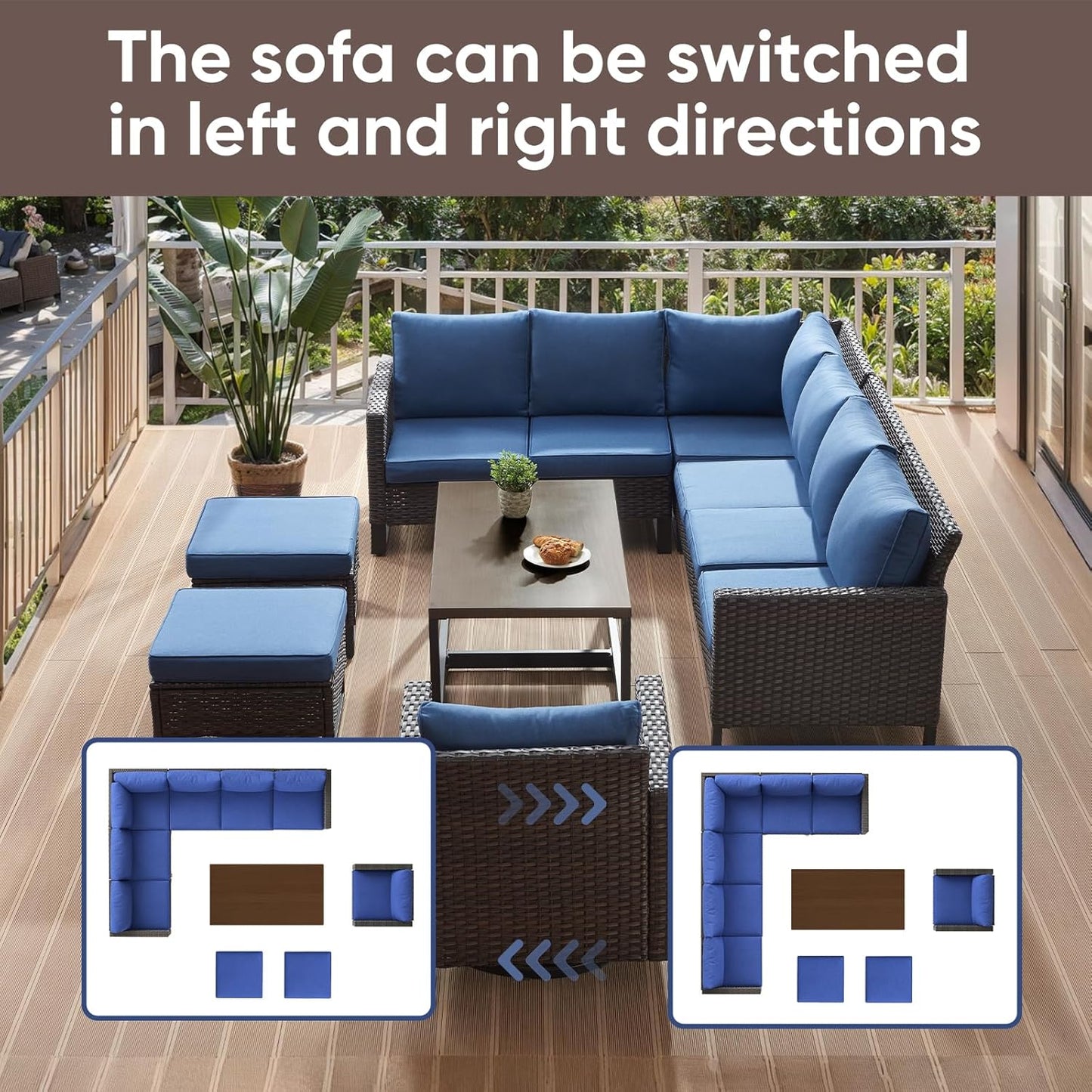 HUMMUH 10 Piece Patio Furniture Set PE Wicker 3 Outdoor Sectional Sofa Set with Patio Chairs Dinning Table Ottomans for Porch,Garden,Backyard,Deck(Brown/Blue)