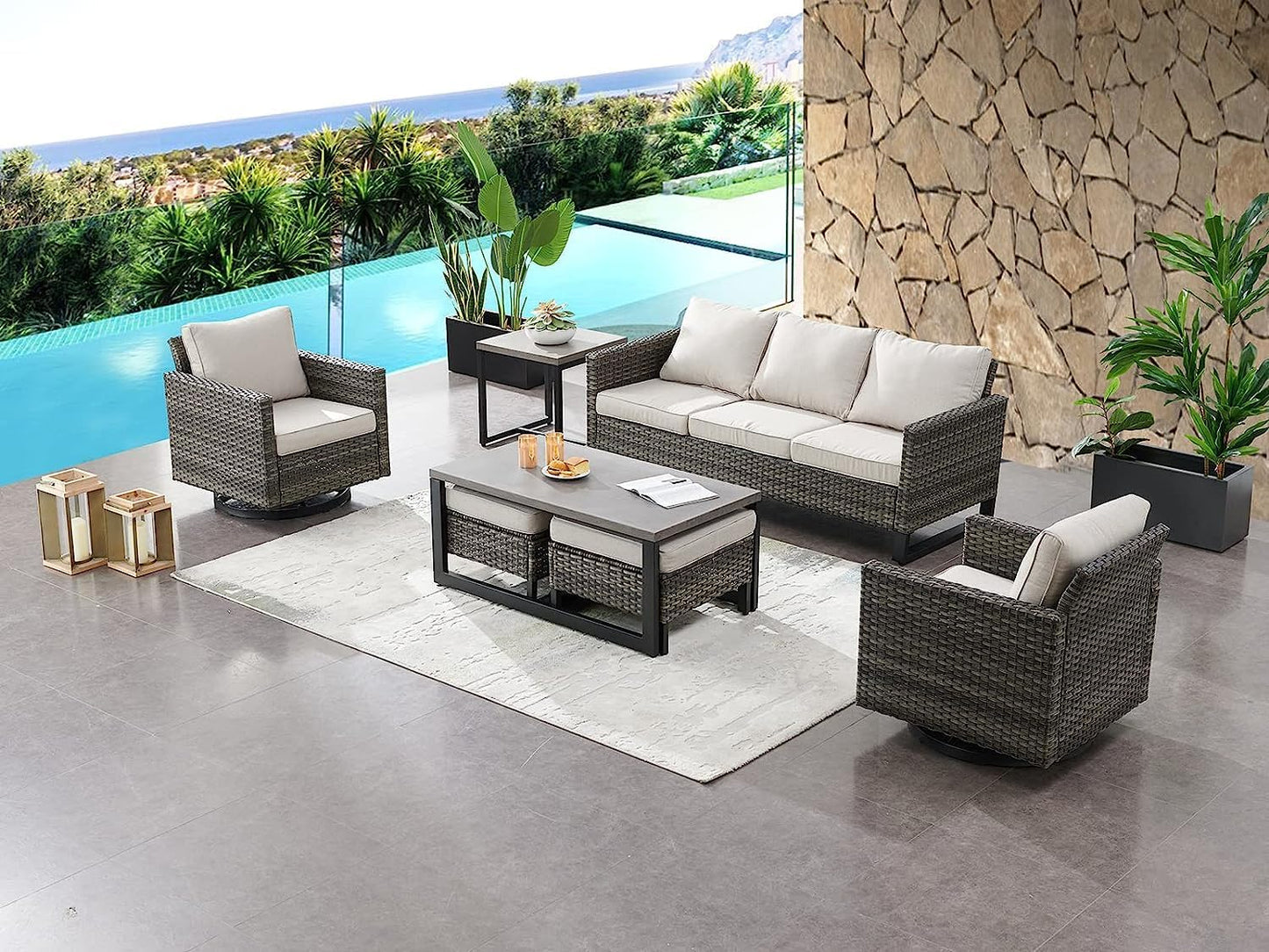 HUMMUH 3-Piece Patio Swivel Chairs,PE Wicker Outdoor Rocking Chairs Bistro Set with Side Table Porch Balcony Furniture with Cushions