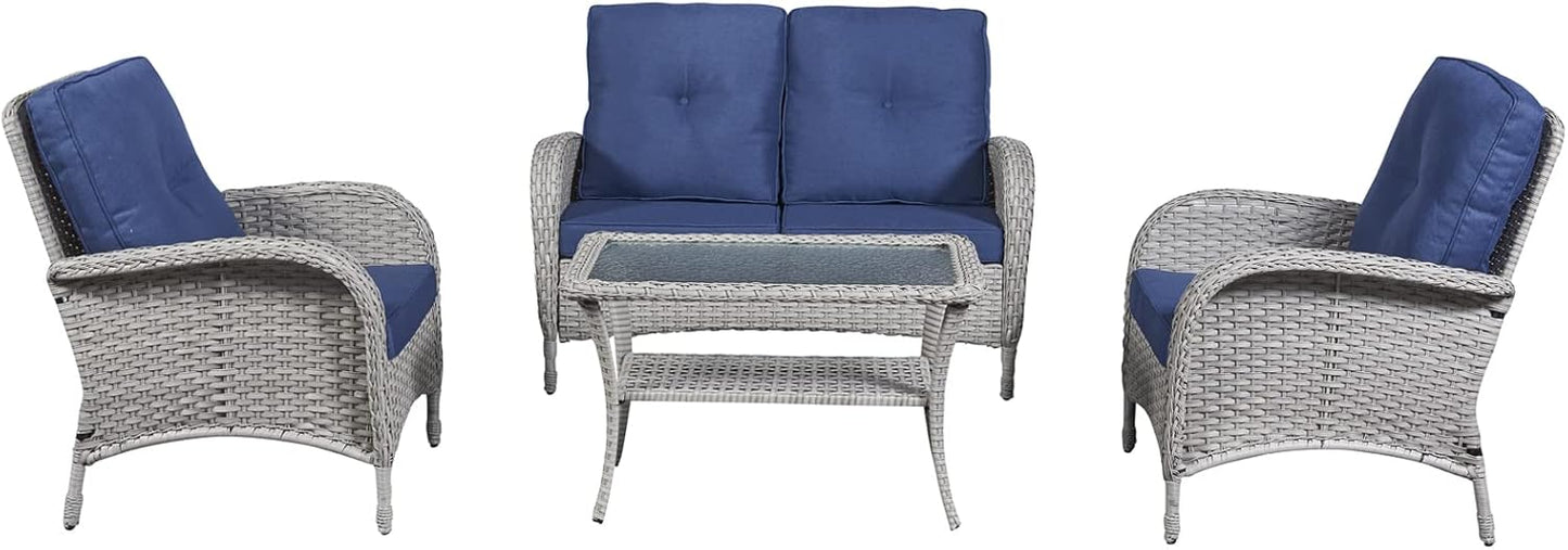 HUMMUH 4-Piece Patio Furniture Wicker Outdoor Conversation Set,All-Weather Rattan Outdoor Bistro Set with Loveseat Chairs Coffee Table for Backyard,Poolside,Deck