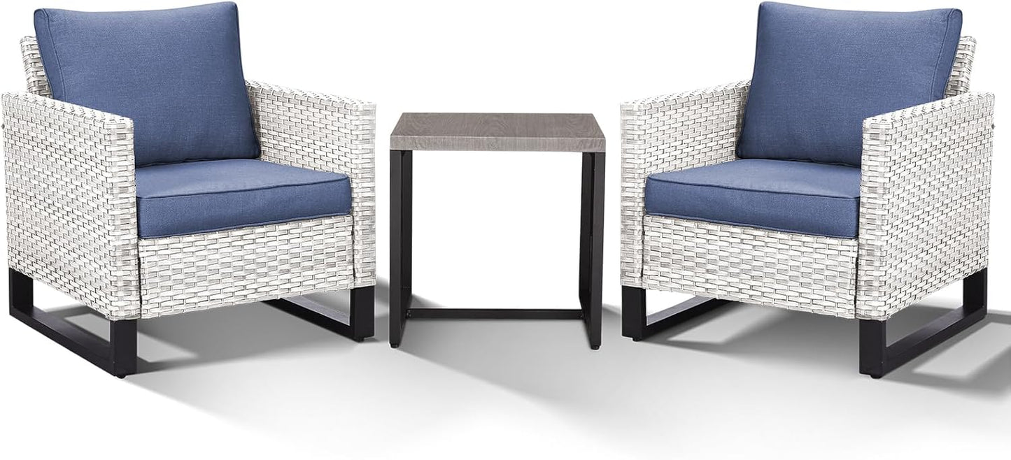 HUMMUH 3PCS Outdoor Chairs PE Wicker Patio Chairs and Side Table Metal Frame Porch Chairs with 4 inch Seat Blue Cushions