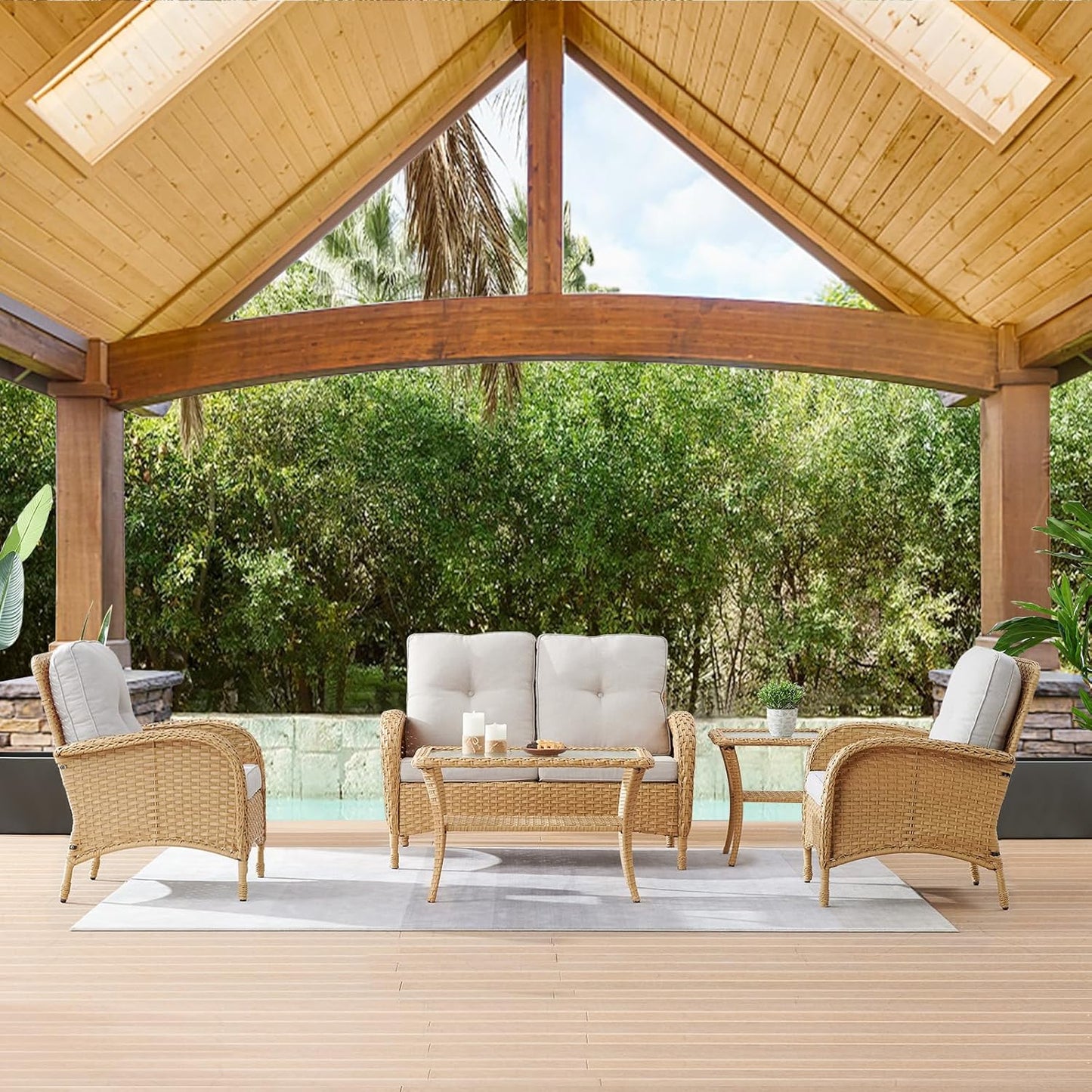 HUMMUH 4-Piece Patio Furniture Wicker Outdoor Conversation Set,All-Weather Rattan Outdoor Bistro Set with Loveseat Chairs Coffee Table for Backyard,Poolside,Deck