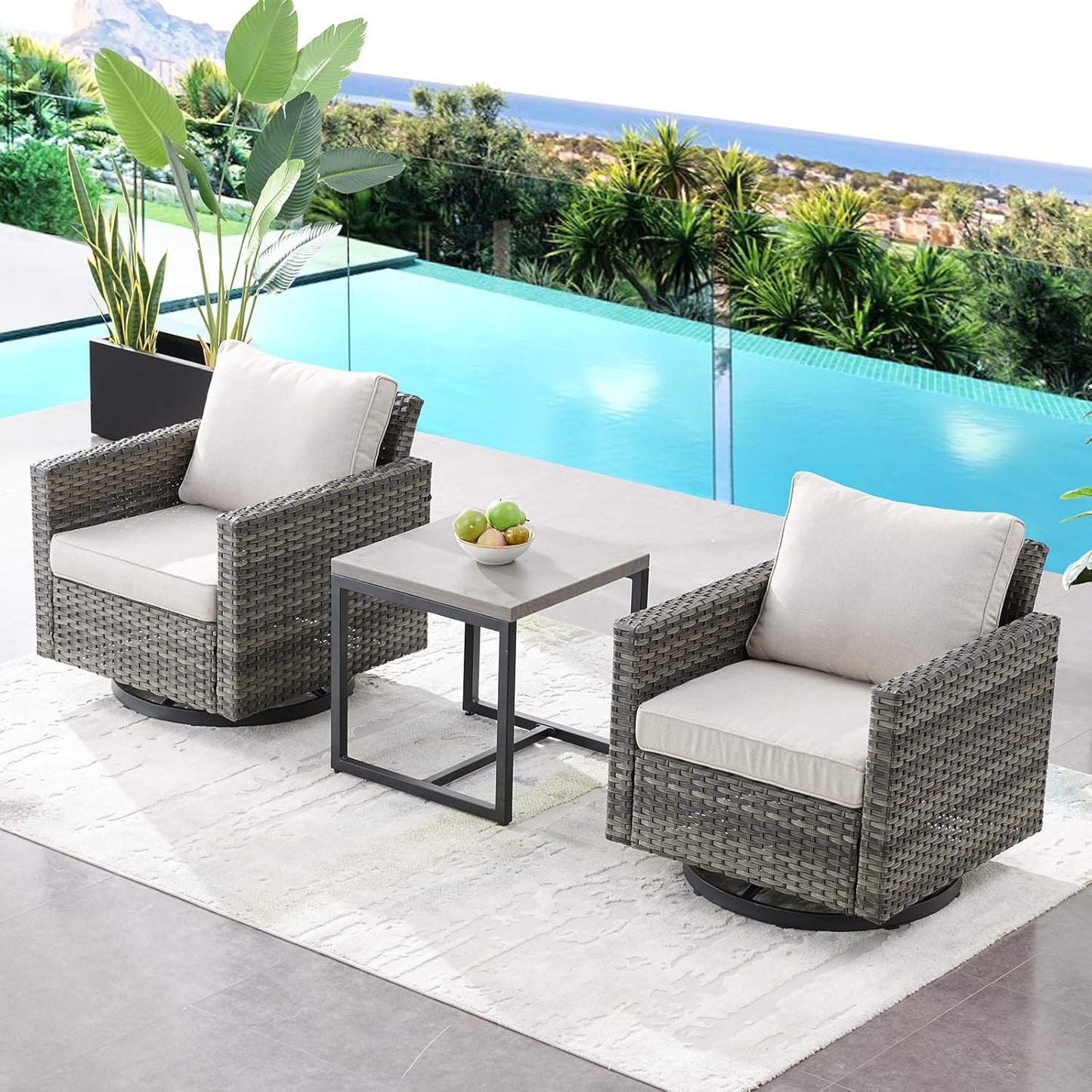 HUMMUH 3-Piece Patio Swivel Chairs,PE Wicker Outdoor Rocking Chairs Bistro Set with Side Table Porch Balcony Furniture with Cushions