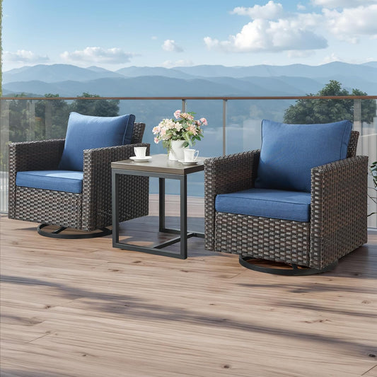 HUMMUH 3-Piece Patio Swivel Chairs,PE Wicker Outdoor Rocking Chairs Bistro Set with Side Table Porch Balcony Furniture with Cushions