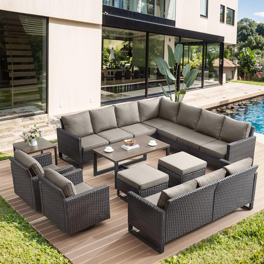 HUMMUH 10 Piece Patio Furniture Set PE Wicker 12-Seater Outdoor Sectional Sofa Set with Patio Swivel Chairs Dinning Table Ottomans for Porch,Garden,Backyard,Deck(Brown/Grey)