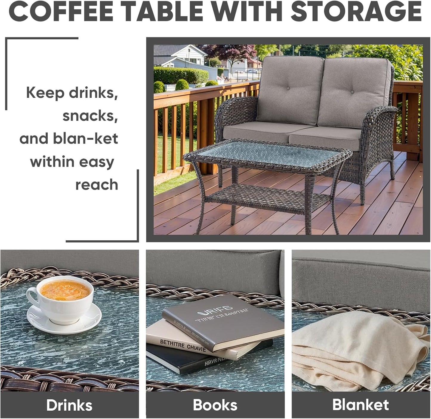 HUMMUH 4-Piece Patio Furniture Wicker Outdoor Conversation Set,All-Weather Rattan Outdoor Sofa Set Patio Chairs Coffee Table for Backyard,Porch,Deck