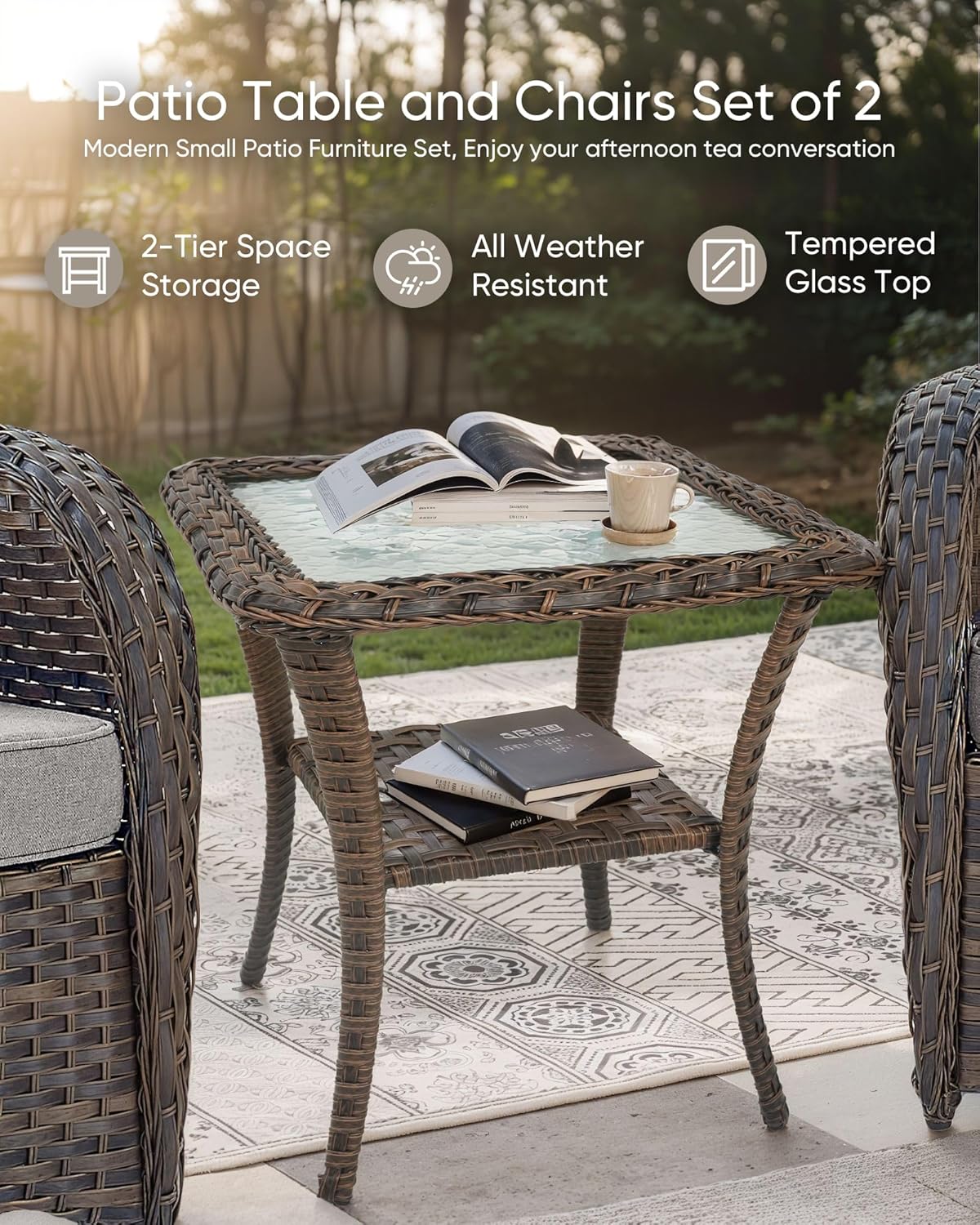 HUMMUH 3-Piece Outdoor Rocking Chairs,All-Weather PE Wicker Patio Rocker Chairs Bistro Set with Side Table,Porch Balcony Furniture with Cushions