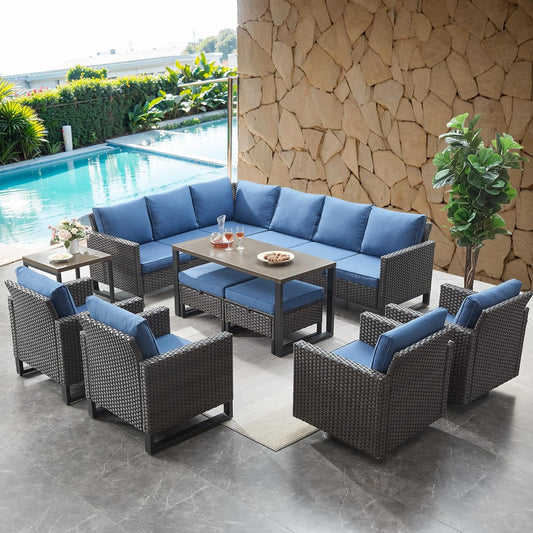 HUMMUH 10 Piece Patio Furniture PE Wicker 6-Seater Outdoor Sectional Sofa with Dinning Table Patio Swivel Chairs Outdoor Chairs for Porch,Garden,Backyard,Deck(Brown/Blue)