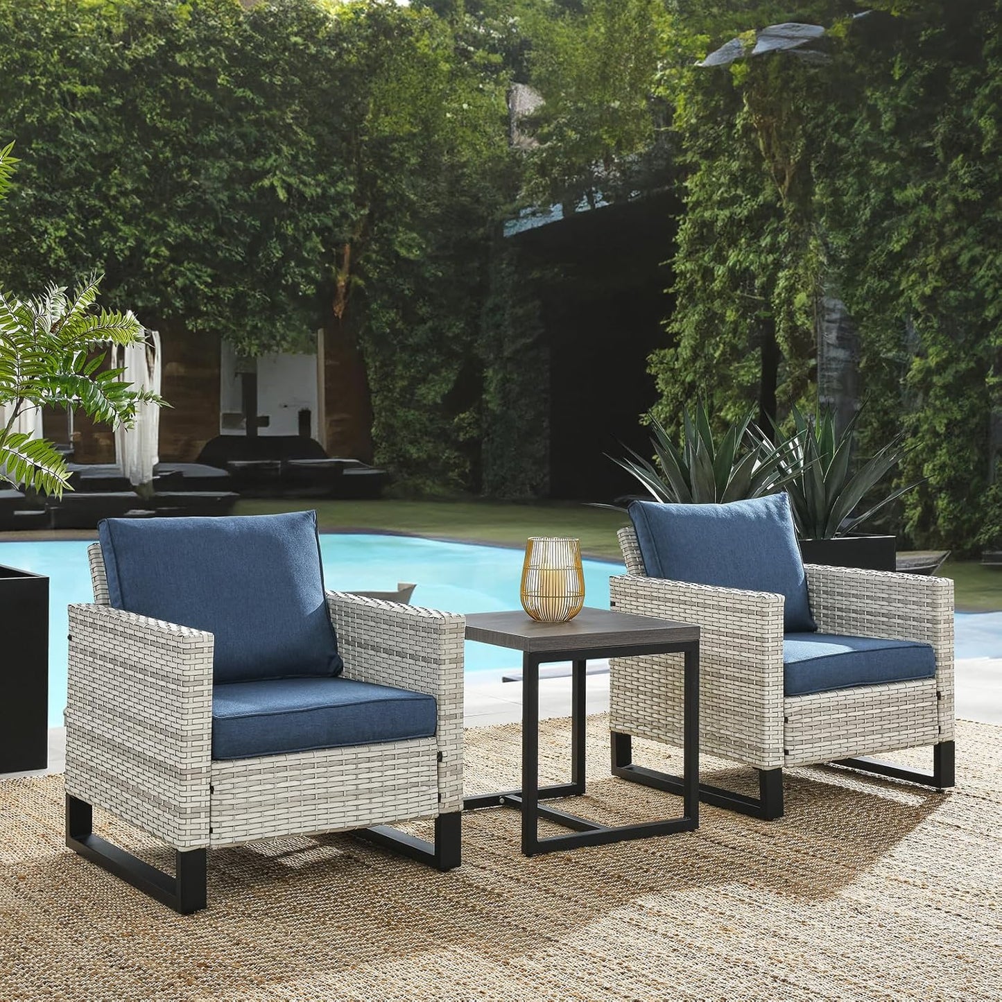 HUMMUH 3PCS Outdoor Chairs PE Wicker Patio Chairs and Side Table Metal Frame Porch Chairs with 4 inch Seat Blue Cushions