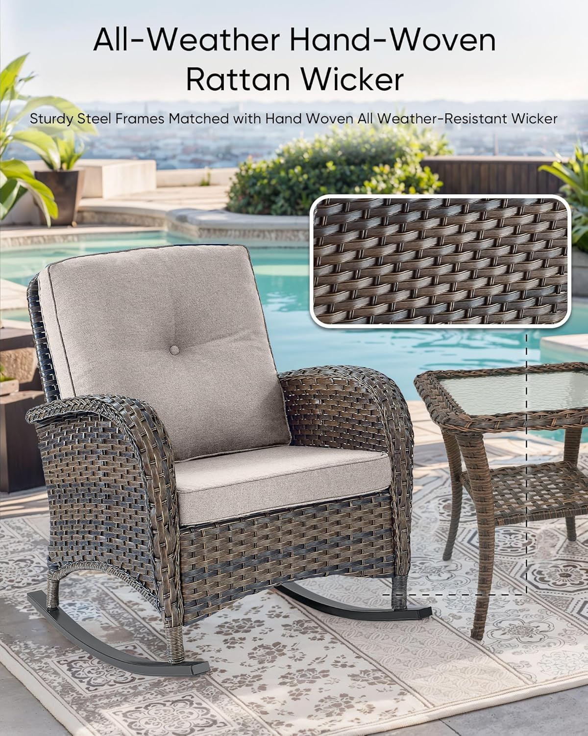 HUMMUH 3-Piece Outdoor Rocking Chairs,All-Weather PE Wicker Patio Rocker Chairs Bistro Set with Side Table,Porch Balcony Furniture with Cushions