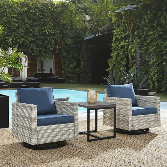 HUMMUH 3-Piece Patio Swivel Chairs,PE Wicker Outdoor Rocking Chairs Bistro Set with Side Table Porch Balcony Furniture with Cushions